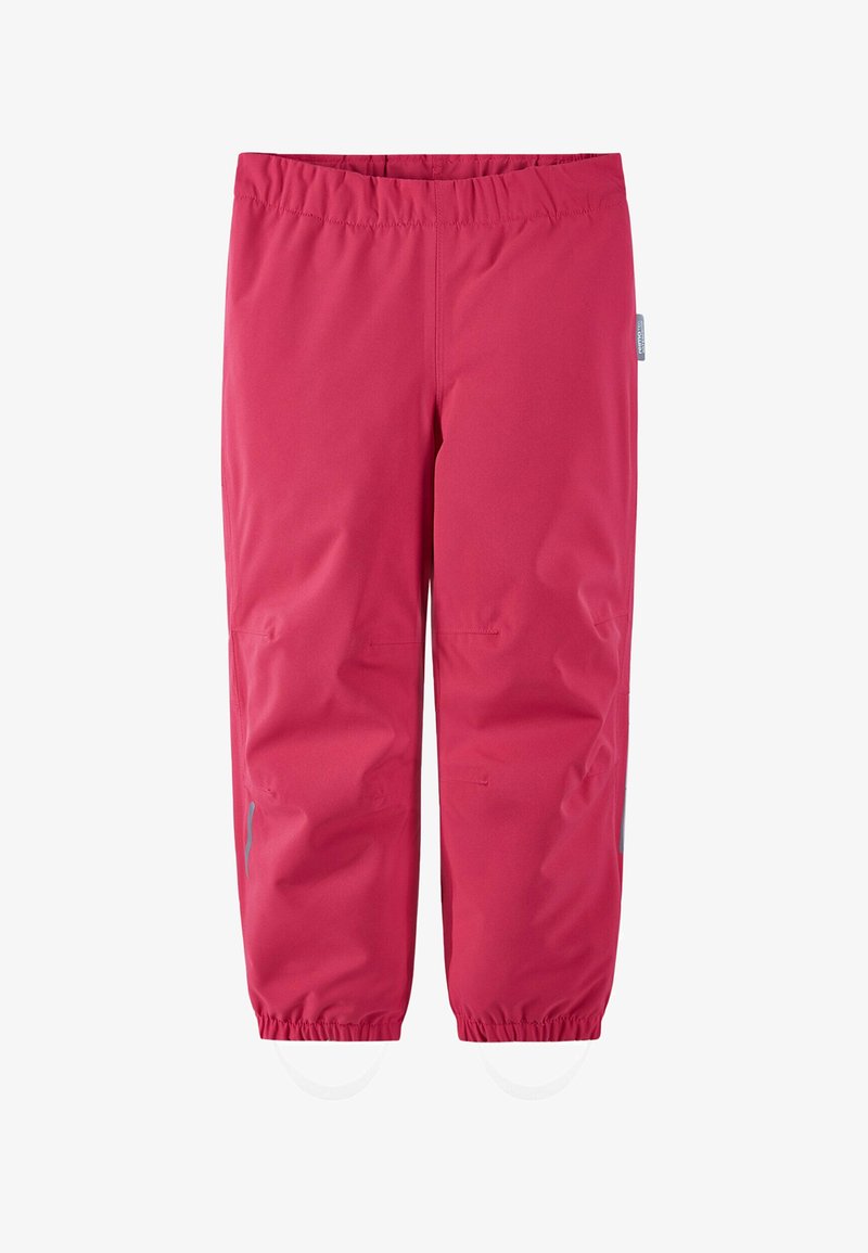 Wasserdichte rosa Kinderhosen mit elastischem Bund, umgeschlagener Beinenden, Seitentaschen und reflektierenden Akzenten für bessere Sichtbarkeit.