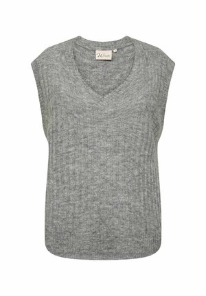 Top in maglia grigia senza maniche con scollatura a V, caratterizzato da una texture a coste e una vestibilità rilassata, realizzato in tessuto morbido. Etichetta visibile nella scollatura.
