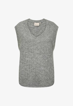 Gray sleeveless knit top with a V-neckline, featuring ribbed texture and a relaxed fit, made from soft fabric. Tag visible at the neckline.
