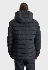 Padded black jacket with a high collar and hood. Features horizontal seams and a smooth texture, designed for warmth and comfort.