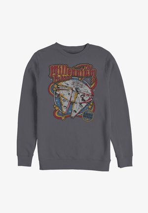 Dark gray sweatshirt with a colorful graphic of the Millennium Falcon spaceship and text "The Millennium Falcon" and "Light Speed."