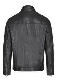 Schwarze Lederjacke mit hohem Kragen, schlankem Schnitt, seitlichen Reißverschlüssen und gesteppten Details auf den Schultern und Ärmeln.