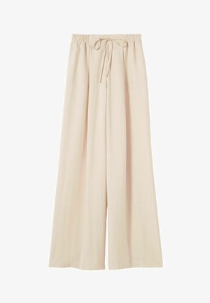 Pantalones beige de pierna ancha con cintura elástica y cordón, con grandes bolsillos delanteros y un ajuste relajado.