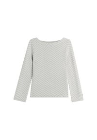 Haut à manches longues gris clair avec un motif chevrons, décolleté carré et un accent de bouton sur la manche. Matière en tricot doux.