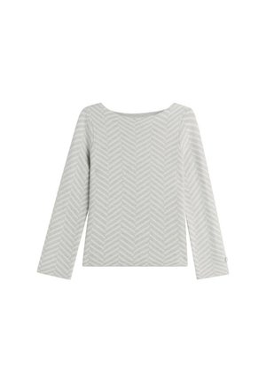 Haut à manches longues gris clair avec un motif chevrons, décolleté carré et un accent de bouton sur la manche. Matière en tricot doux.