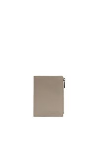 Portafoglio in pelle taupe con cerniera sul lato destro e logo impressa "LANCASTER PARIS" nella parte inferiore anteriore.