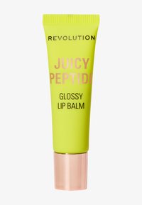 Grön presskapsel med en ribbad kork; har djärv text i rosa och svart som säger "Juicy Peptide Glossy Lip Balm." Bas i roséguld.
