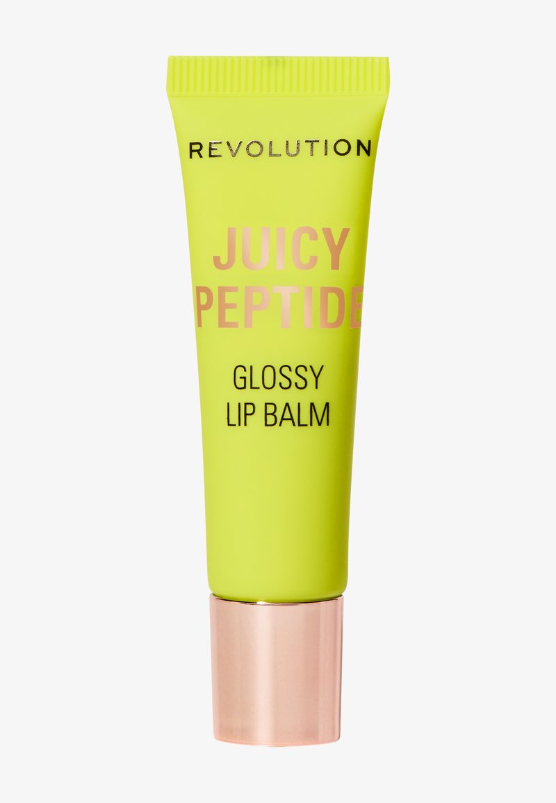 Grön presskapsel med en ribbad kork; har djärv text i rosa och svart som säger "Juicy Peptide Glossy Lip Balm." Bas i roséguld.