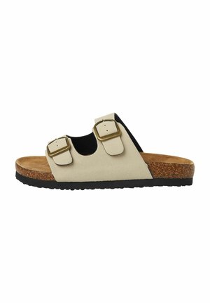 Beige slaidu sandales ar divām regulējamām sprādzēm, korķa zolēm, melnu gumijas pamatni un gludu faktūru. Atvērta purngala dizains ar izgriezumiem.