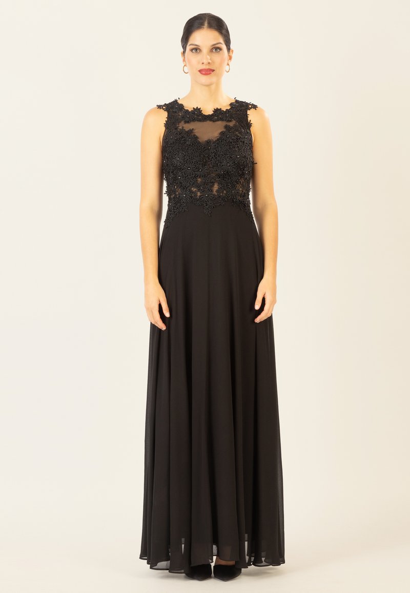 Schwarzes Abendkleid mit einem taillierten Oberteil, das mit floraler Spitzenstickerei und transparenten Einsätzen verziert ist. Fließender Rock aus glattem Stoff.