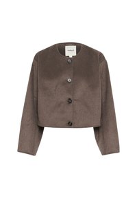 Brun cropped jakke lavet af blødt stof, med rund halsudskæring, lange ærmer og fem sorte knapper foran.