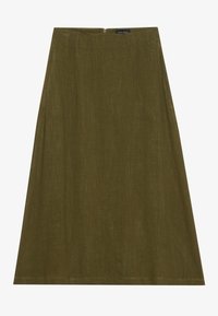 Olive green A-line skirt made of texture-rich fabric, featuring a basic waistband and a discreet back zipper closure. No additional embellishments.