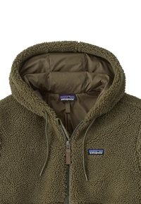 Felpa con zip color verde oliva, con esterno testurizzato, interno foderato, cordini regolabili e patch con logo Patagonia.
