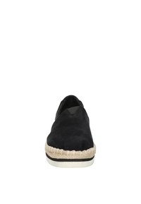 Zwarte suède espadrille instapschoen met een gevlochten juten tussenzool en rubberen zool, met een ronde neus en elastische zijkanten voor comfort.