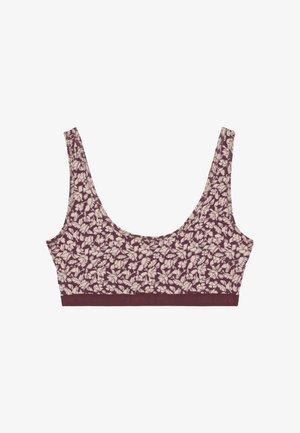 Mauve beha met een bloemenpatroon in crème, met brede schouderbanden en een solide onderband, gemaakt van zachte, rekbare stof.