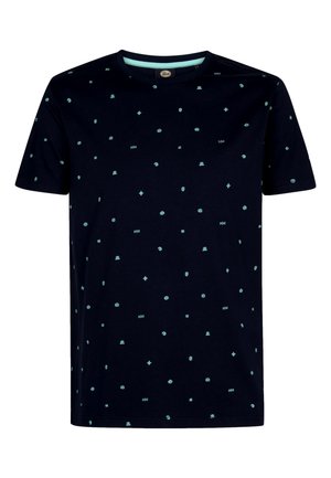 Marineblauw T-shirt met korte mouwen met kleine lichtblauwe abstracte en geometrische vormen die gelijkmatig over de stof zijn verspreid.