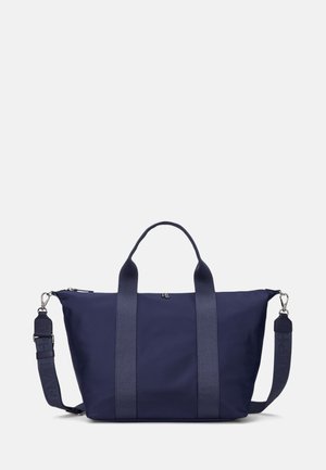 Navy blue tote bag with dual handles, adjustable shoulder strap, and small silver RL logo centered near the top.