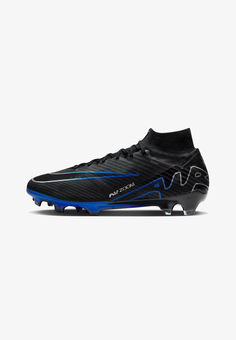 Black and blue Nike high-top soccer cleat with textured upper, laces, and studded sole designed for firm ground play.