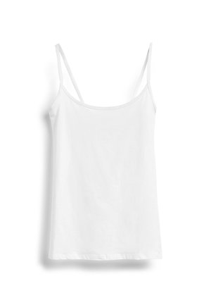 Débardeur blanc avec des bretelles fines, fabriqué en tissu lisse. Présente un design simple à coupe droite et un décolleté arrondi.