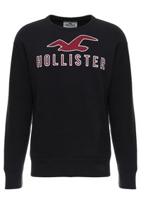 Black sweatshirt made of cotton, featuring a round neckline, long sleeves, and a prominent red "HOLLISTER" logo with a bird graphic.