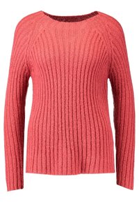 Pull-over tricoté couleur corail, avec une texture côtelée, un col rond, des manches longues et une coupe décontractée.