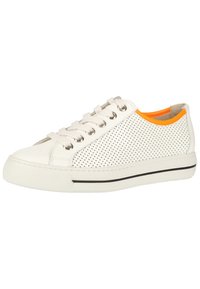 Weiße perforierte Sneaker mit orangefarbenen Akzenten, flacher Gummisohle und metallischen Ösen. Verfügt über eine abgerundete Zehenpartie und ein einfaches Schnürdesign.
