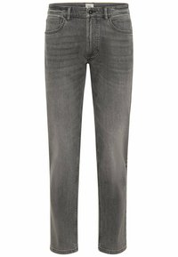 Grå denimjeans med lige ben, fem lommer og subtil fading. Designet har en knap- og lynlås lukning samt bæltestropper.