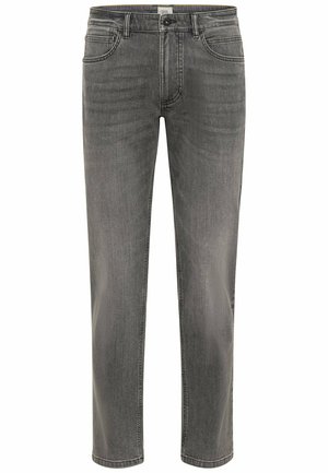Grijze spijkerbroeken van denim met een rechte pijpdesign, vijf zakken en subtiele vervaging. Voorzien van een knoop- en ritsluiting met riemlussen.