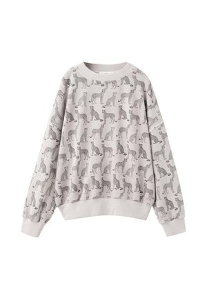 Sweatshirt gris clair à manches longues, avec un motif de petits chats stylisés. Encolure arrondie et ourlet côtelé. Texture douce.