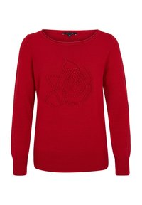 Pull rouge à manches longues, avec un col rond et un motif en rose texturé sur le devant. Fabriqué en tissu tricoté doux.
