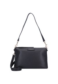 Borsa a tracolla in pelle nera con finitura texturizzata, chiusura a zip, tracolla regolabile e un accento in metallo con logo. Forma rettangolare compatta.