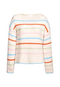 Gestreifter Pullover in cremigem Weiß mit horizontalen Streifen in Orange, Blau, Grün und Pink. Weicher Stoff, weiter Ausschnitt und leicht verkürzte Passform.