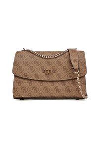 Borsa a tracolla marrone con motivo, dotata di una finitura testa di moro e caratterizzata da una catena d'argento e una chiusura a pattina con dettaglio del logo impresso.