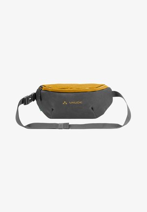 Grauer Bauchtaschen mit gelbem strukturiertem Oberteil, ausgestattet mit einem Reißverschluss und verstellbarem Gurt. Logo auf der Vorderseite angezeigt.