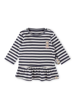 Marineblau-weiß gestreiftes Langarmoberteil mit gerafftem Peplum-Saum, versehen mit einem Eulenapplikation und einem dekorativen Eulenanhänger am Ärmel.