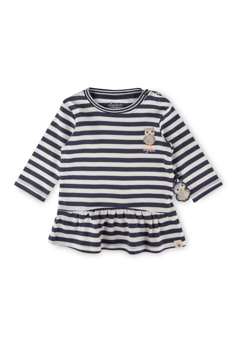 Marineblau-weiß gestreiftes Langarmoberteil mit gerafftem Peplum-Saum, versehen mit einem Eulenapplikation und einem dekorativen Eulenanhänger am Ärmel.
