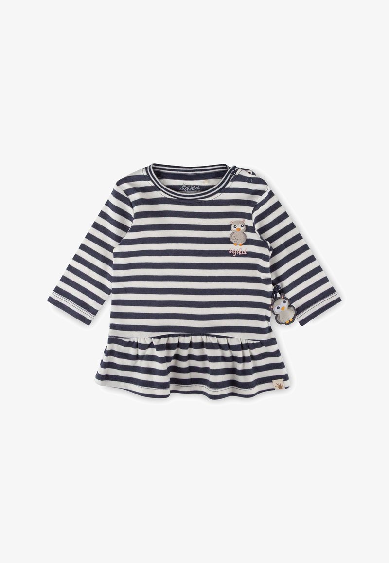 Marineblau-weiß gestreiftes Langarmoberteil mit gerafftem Peplum-Saum, versehen mit einem Eulenapplikation und einem dekorativen Eulenanhänger am Ärmel.