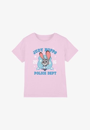 Pink cotton t-shirt featuring a cartoon rabbit with large ears, text "JUDY HOPPS POLICE DEPT," and various blue accents and stars.