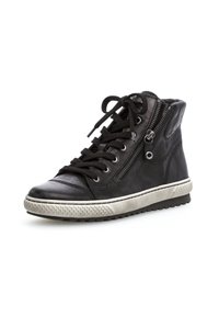 Schwarze Leder-Hochtop-Sneaker mit Schnürverschluss vorne, seitlichem Reißverschluss und strukturiertem Gummisohle. Akzentnähte und kontrastierendes graues Sohlendetail.