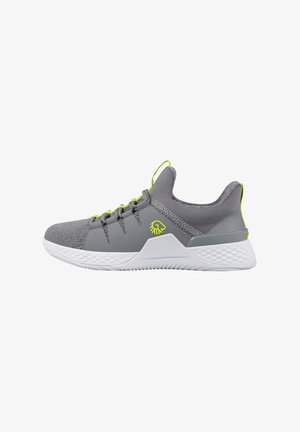 Gray athletic shoes with a textured mesh upper, white sole, and neon green accents on laces and back tab. Features a streamlined design.