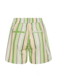 Dryžuoti šortai su elastinga juosta žaliais, rožiniais ir baltais atspalviais. Yra du užpakaliniai kišeniai ir lengva audinio tekstūra.