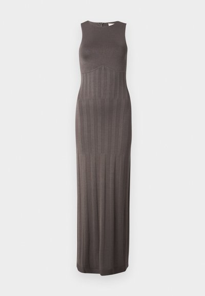 Gray, sleeveless maxi dress with a fitted top and flared lower section featuring vertical ribbed texture. Closed back with a subtle zipper.