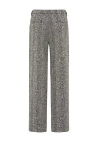Grijze herringbone patronen broek met een losse pasvorm, elastische tailleband en twee achterzakken. Textiel met een subtiele glans.