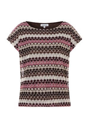 Kurzärmliges Stricktop mit gewelltem Muster in braunen, cremefarbenen und rosa horizontalen Streifen, mit rundem Ausschnitt und lockerer Passform.