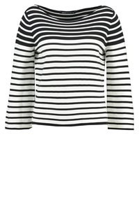 Haut à manches longues rayé noir et blanc avec un col large et une coupe décontractée. Confectionné dans un tissu tricoté doux et texturé.