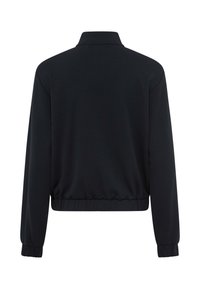 Schwarze leichte Jacke mit Kragen, langen Ärmeln und elastischen Bündchen. Verfügt über einen gerafften Saum für eine figurbetonte Silhouette. Keine sichtbaren Muster.