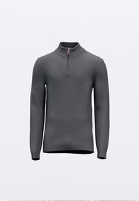 Pull gris foncé en tricot avec un col montant, doté d'une courte fermeture éclair et d'un tissu texturé. Poignets et ourlet côtelés. Design minimaliste.