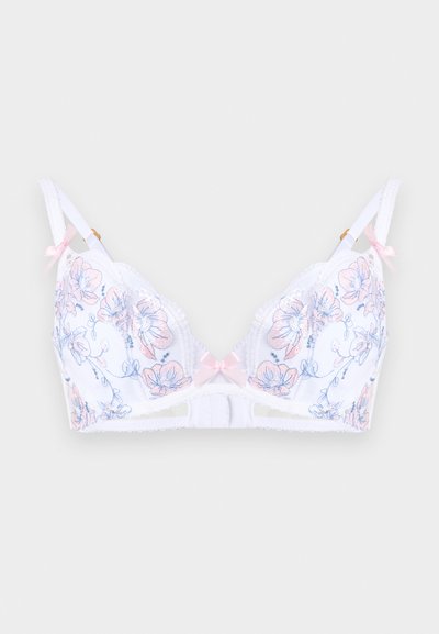 Λευκό σουτιέν με ροζ και μπλε κεντήματα λουλουδιών, ρυθμιζόμενους ιμάντες με ροζ φιόγκους και έναν μικρό ροζ φιόγκο στο κέντρο μπροστά.