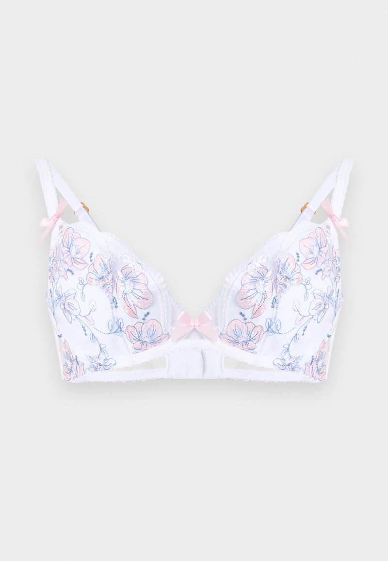 Soutien-gorge blanc avec broderies florales roses et bleues, bretelles réglables avec nœuds roses, et un petit nœud rose au centre devant.