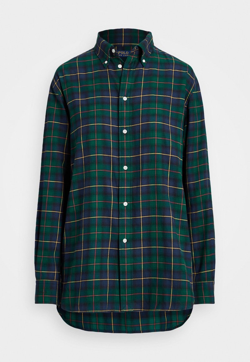Camicia a quadri verde e blu navy con accenti gialli, colletto button-down, maniche lunghe e orlo arrotondato. Realizzata in un morbido tessuto intrecciato.